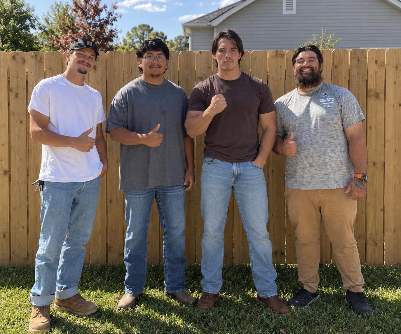 The Sparrow Construction fence crew giving a thumbs up in front of a cedar privacy fence they built