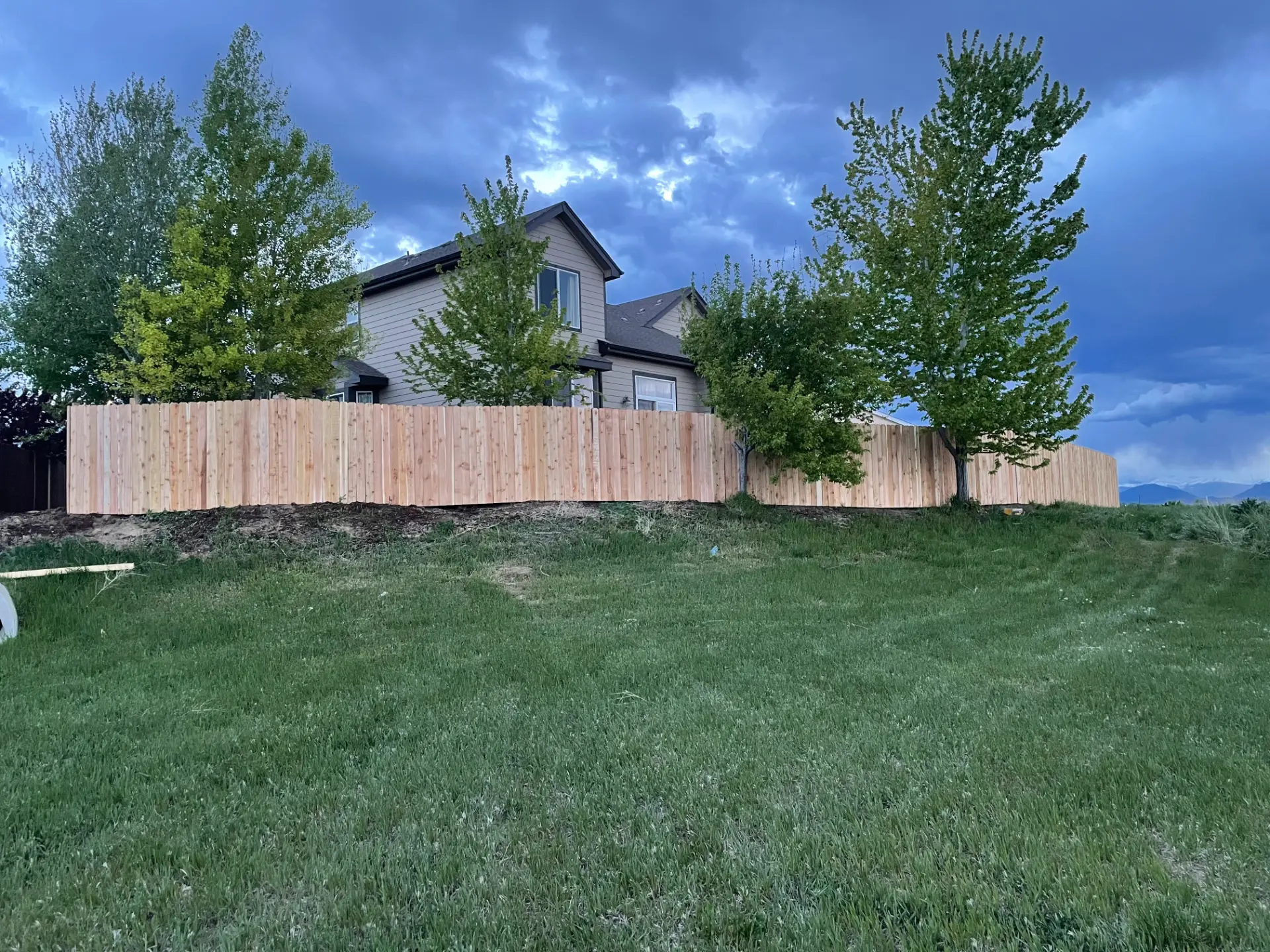 Long new cedar privacy fence following a sloped residential yard beneath mature trees