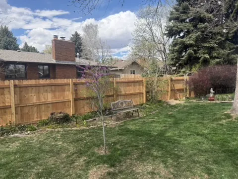 Cedar privacy fence enclosing a green backyard beneath mature trees