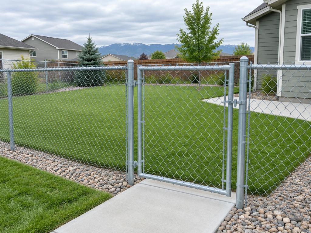Galvanized chain link fence and gate around a Fort Collins backyard
