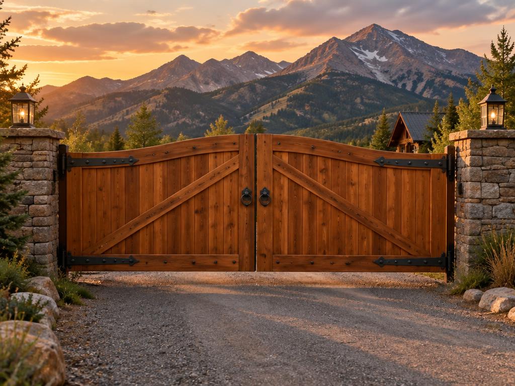 Custom cedar driveway gate with black metal hardware at a Colorado property entrance
