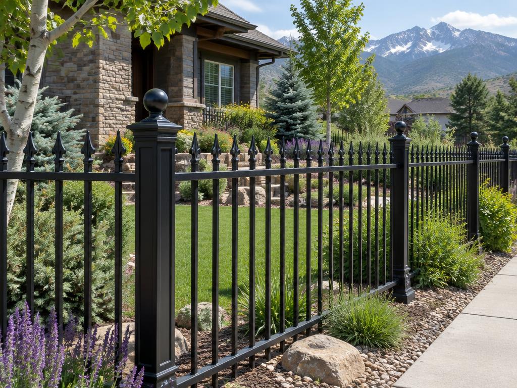 Black ornamental steel picket fence around a landscaped Colorado front yard