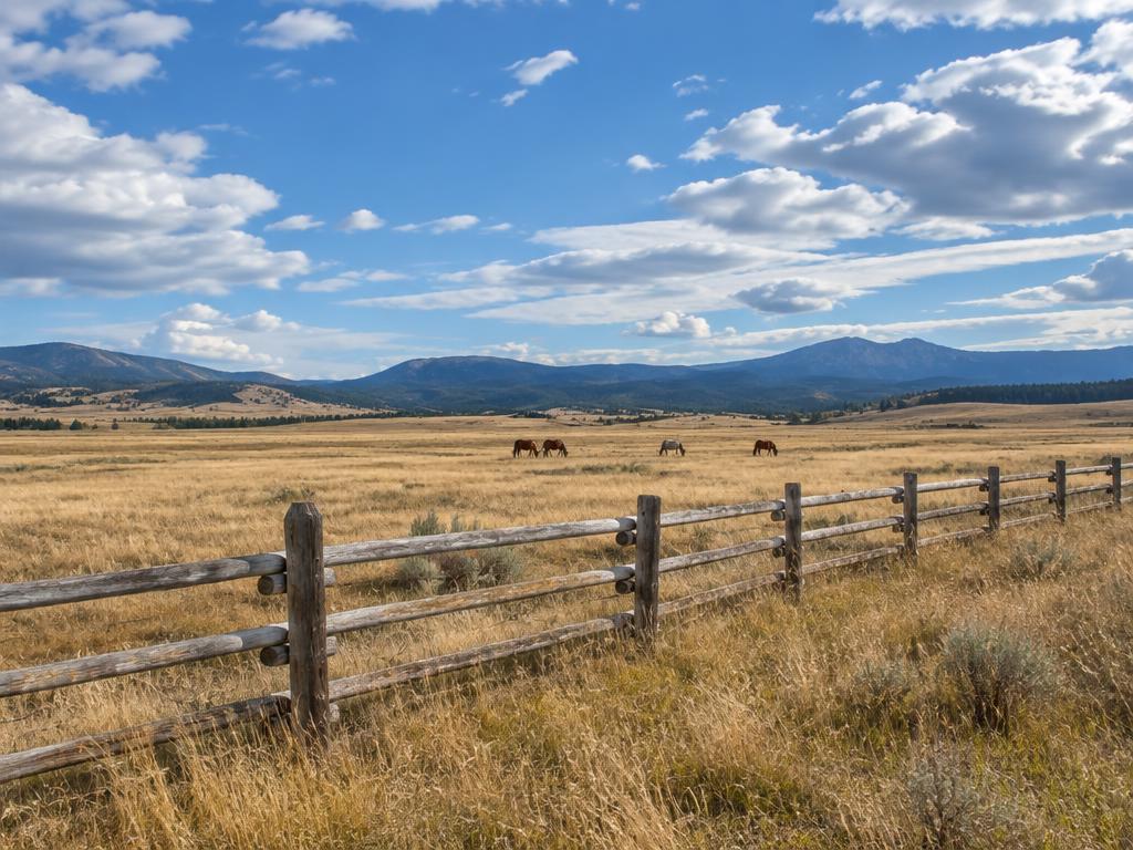 Wooden split rail ranch fence crossing open Colorado pasture with horses