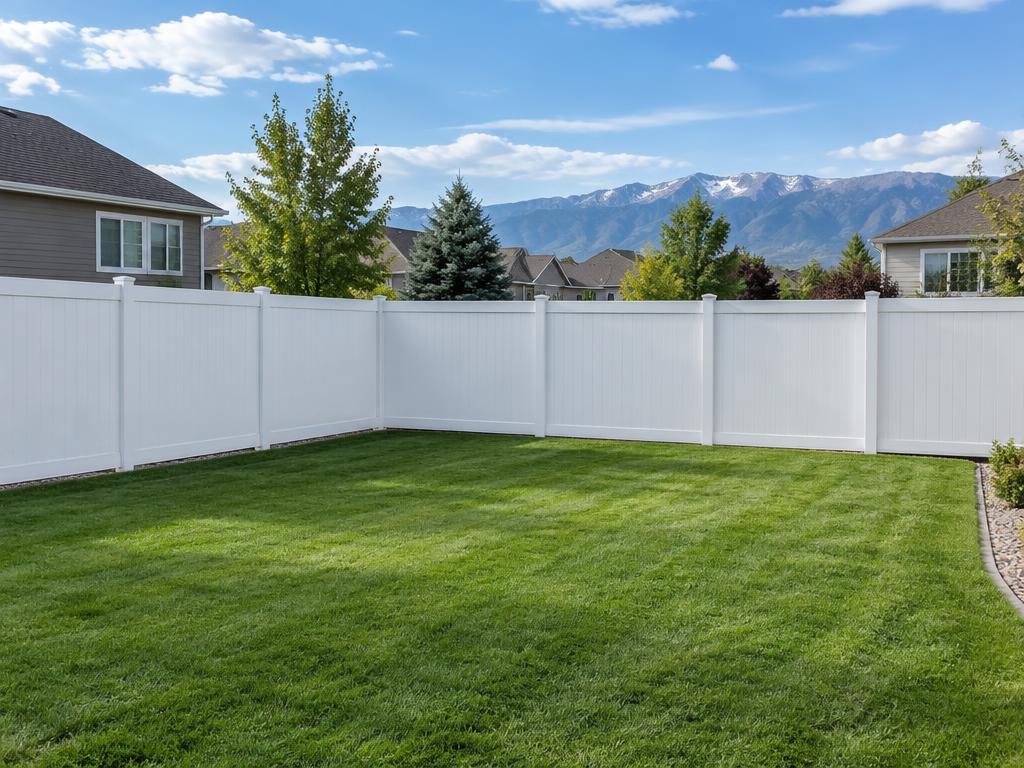 White vinyl privacy fence around a Northern Colorado backyard